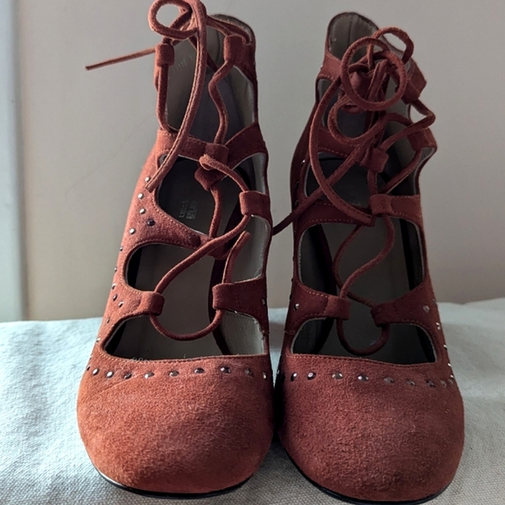 Sapena Spain Lace Up Chunky Ankle Heel Brown Suede Leather Round Yoe Euro 37.5 - Picture 6 of 16